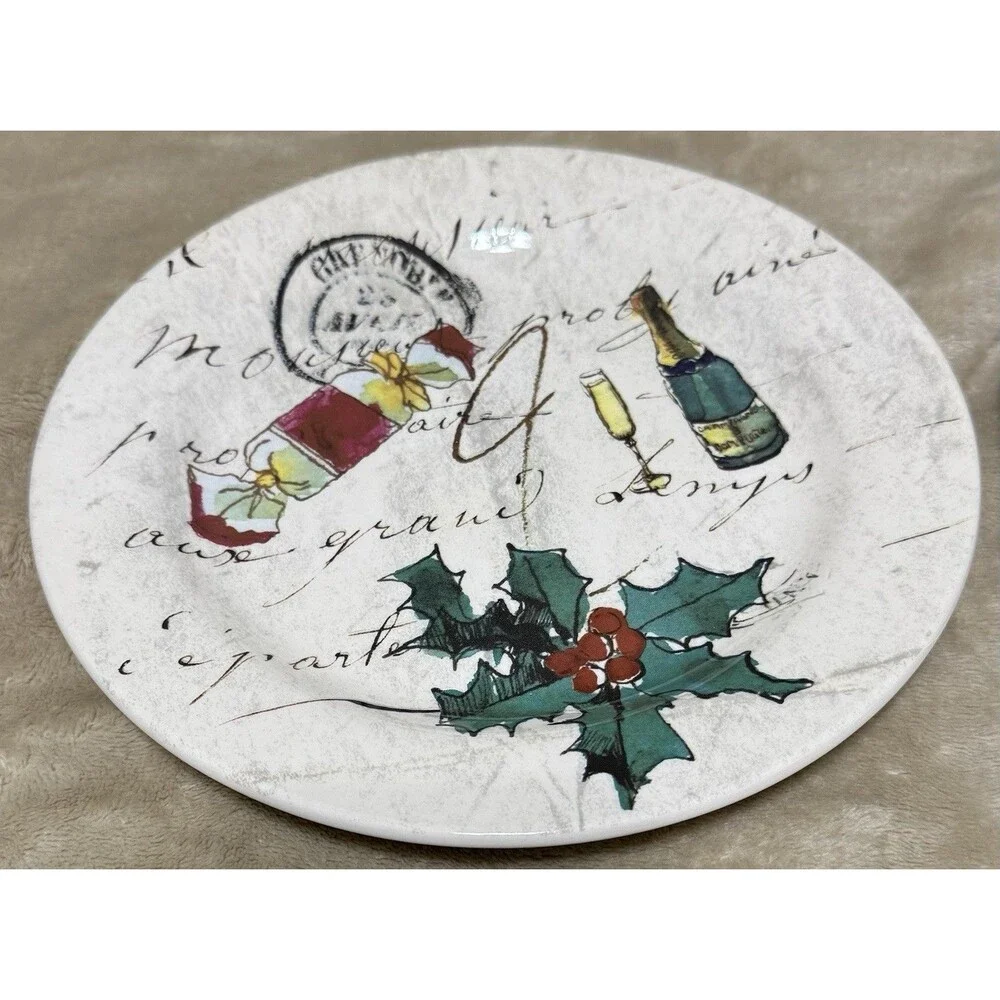 Set Of Williams Sonoma Christmas Plates Candy Wine Glass Holly Berries 8 3/4”